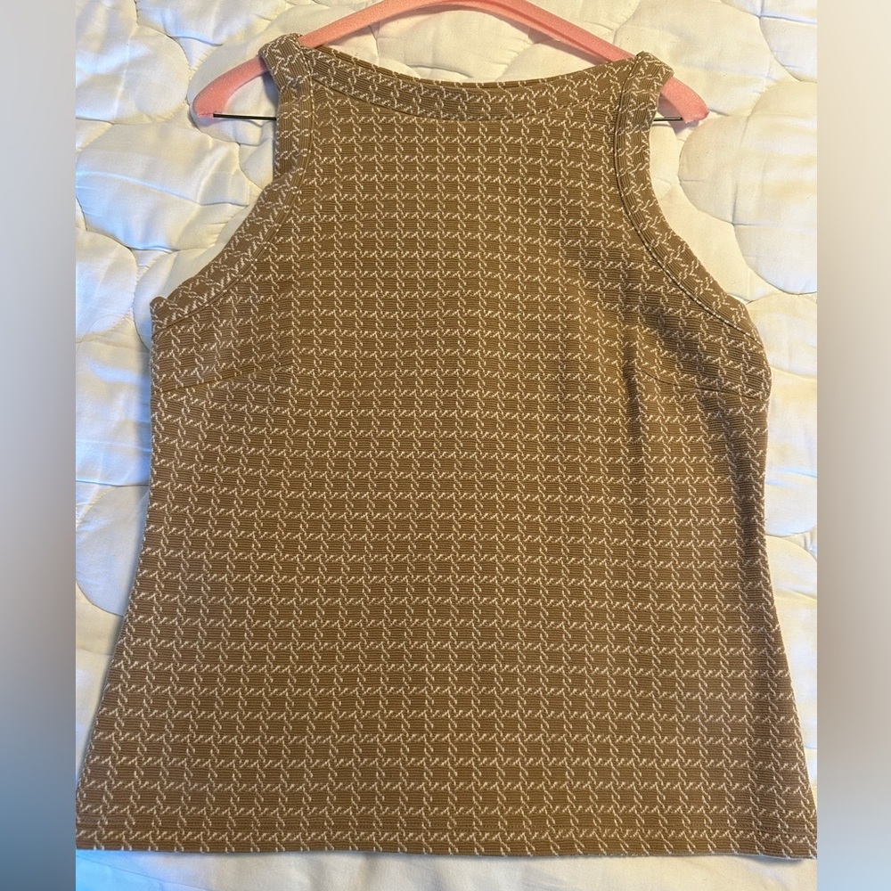 Ann Taylor Tan and White High Neck Patterned Top